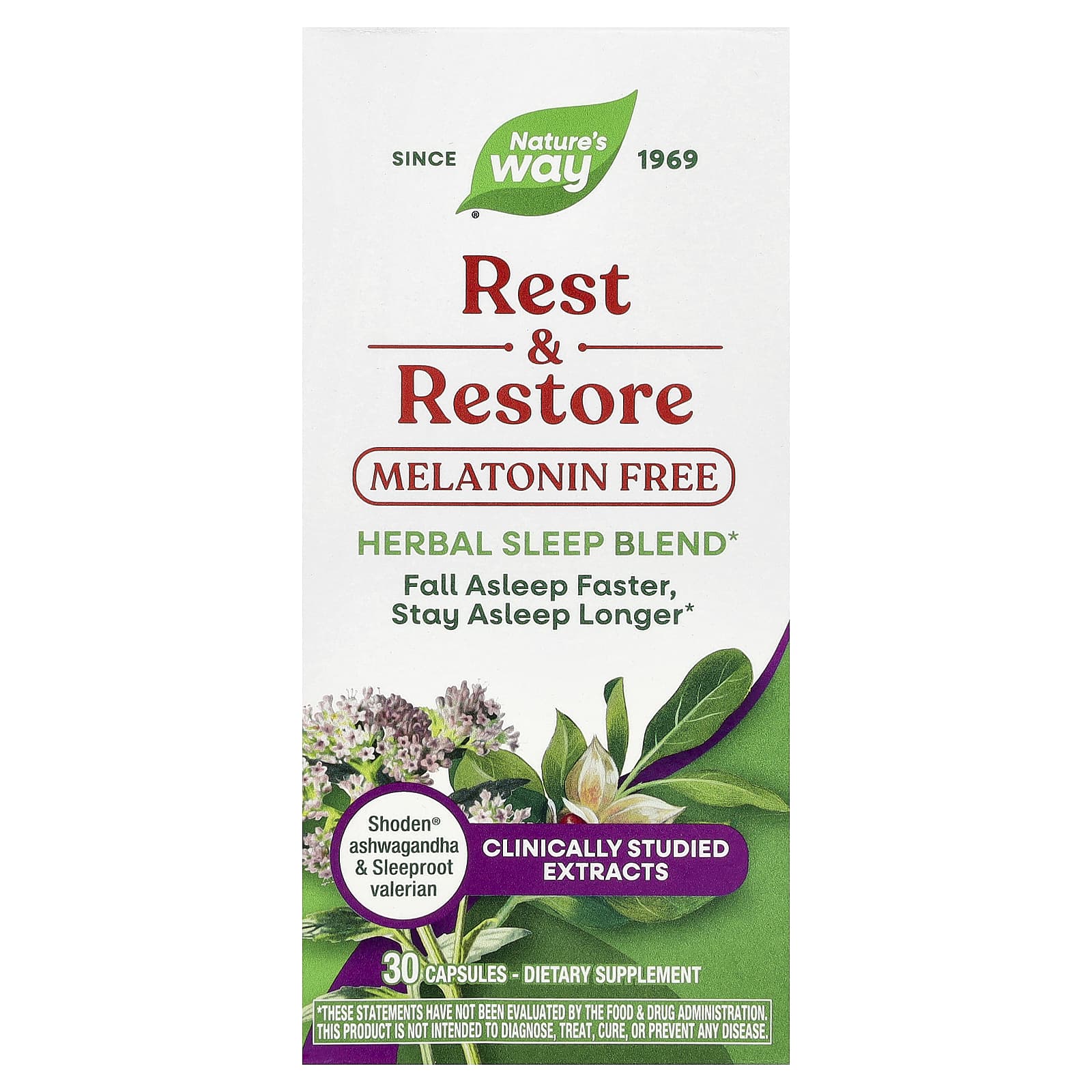 

Nature s Way, Rest & Restore, Melatonin Free, 30 Capsules