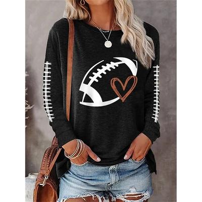 American Football Print Long Sleeve Tops Black T-Shirts Women Fashion Casual Tees Loose O-Neck T Shirt Game Day Ladies Clothing