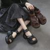 Genuine Leather Thick Soled Peep Toe Sandals Retro Round Toe Thick Heel Women's Platform Shoes
