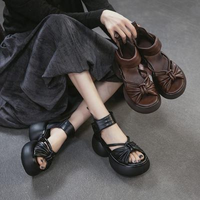 Sandały Peep Toe na Grubej Podeszwie z Prawdziwej Skóry Retro Okrągły Nosek Gruba Pięta Damskie Buty Platformowe