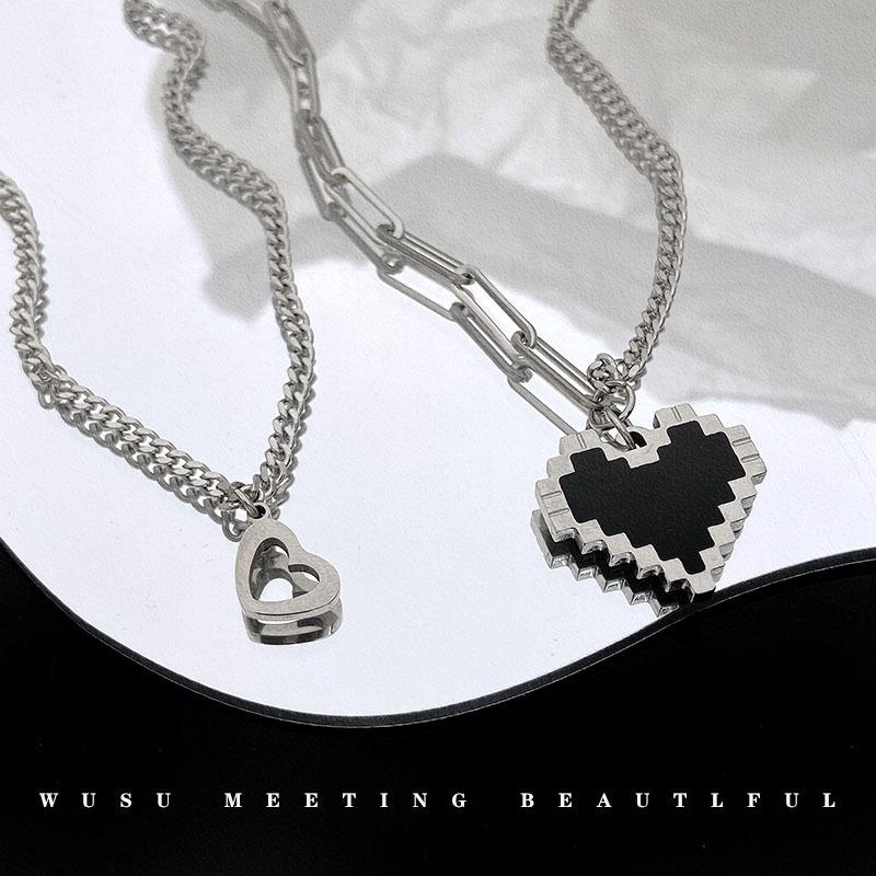 Light Luxury Black Mosaic Love Double-layer Titanium Steel Necklace Men and Women Stacked Wind Fashion Sweet and Cool Accessories