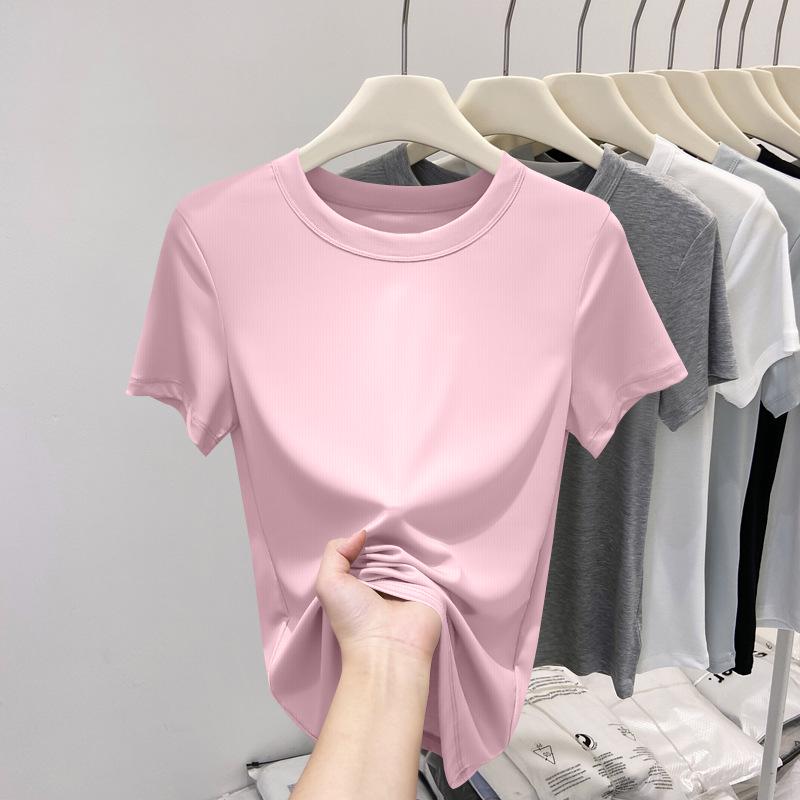 

Women s Plus Size Slimming Ribbed Short Sleeve T-Shirt - Solid Color, Casual Summer Top M (up to 95 jin) рожевий