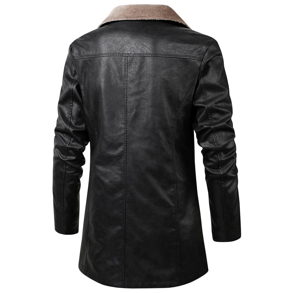 Men's Solid Color Button Pocket Work Wear Plus Velvet Leather Jacket Men's Casual Long Coat