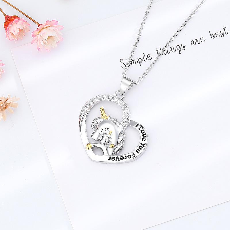 Heart-Shaped Mother-Daughter Unicorn Necklace with Name Engraving and Diamond Inlay