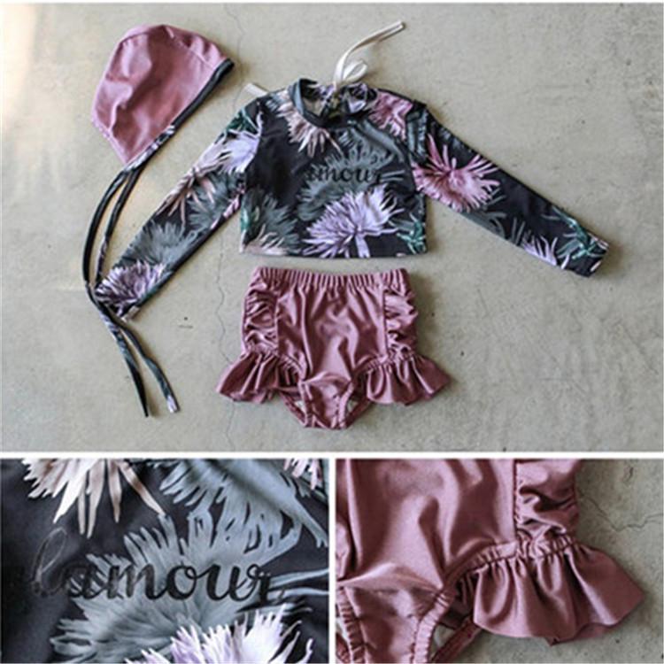 Korean Floral Long Sleeve Baby Girl Swimsuit - Retro Style