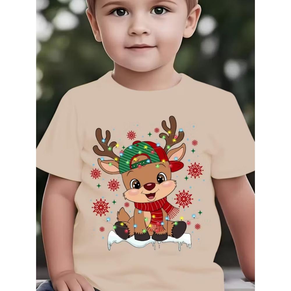 Christmas Children's T-Shirt Cartoon Deer Print Girl Clothes Cute Cartoon Pullover Tees Boy Top Casual Loose Children's Clothing