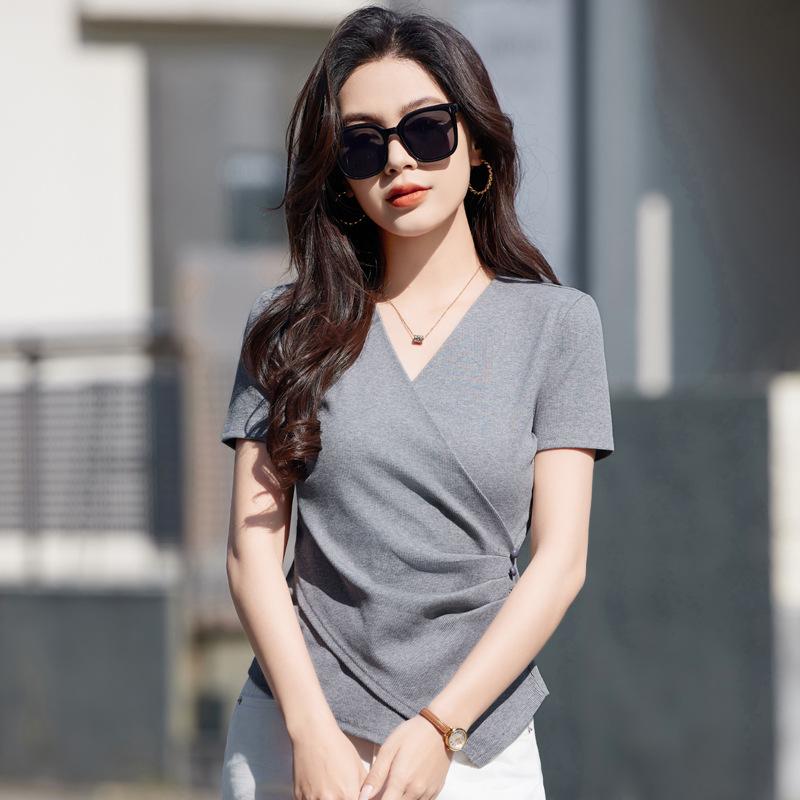 

Летняя женская футболка с V-образным вырезом, облегающая, эластичная, повседневная, с неровным подолом и коротким рукавом 3XL светло-серый