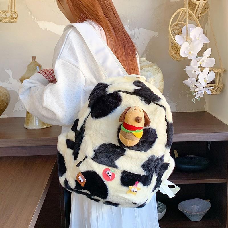 Apple Dog Burger Star Decoration Black And White Large Capacity Plush Backpack