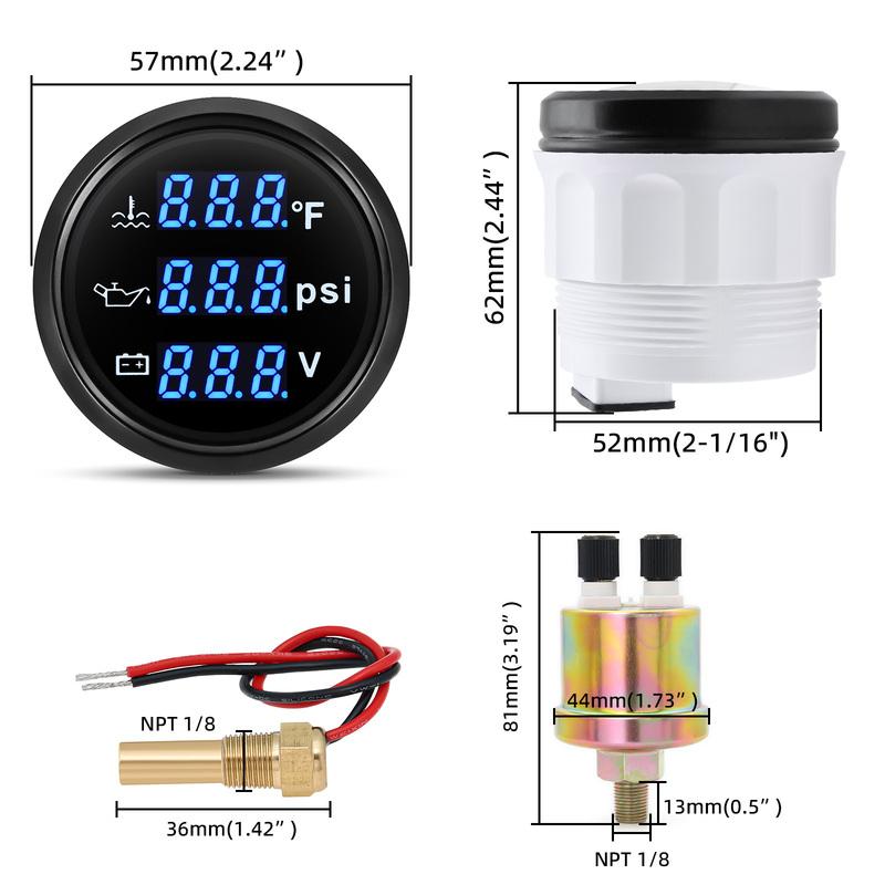AD 52mm 3 in 1 Auto Gauge Water Temperature Oil Pressure Voltage With Alarm 1/8NPT Oil Press Water Temp Sensor For Car 12V 24V