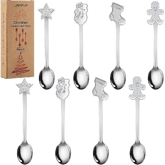 URATOT 8 Pieces Stainless Steel Christmas Spoons Coffee Tea Dessert Mixing Spoons Christmas Stocking Fillers 8