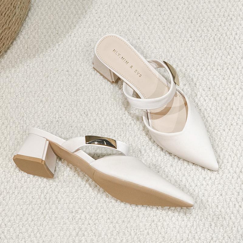 

5330-6 Туфельки-мюли с острым носком на толстом каблуке, удобные в носке, с закрытым носком, полушлепанцы, новинка лета 2025 38 абрикосовый