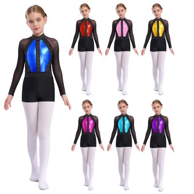Justaucorps à manches longues en maille pour filles, strass, short, couvre-chef, ensemble de performance de gymnastique et de danse