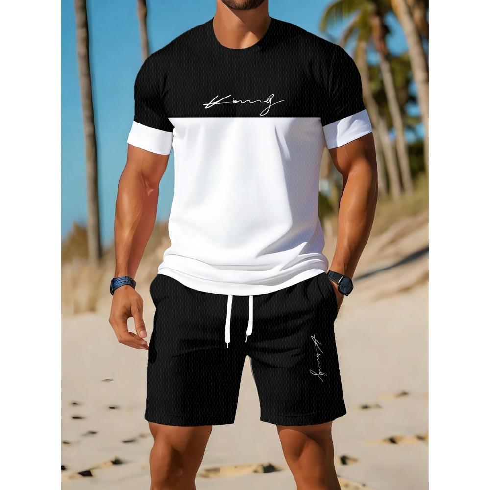 Sommeranzug 3D-Druck Herren Freizeit Kurzarmanzug Geeignet für Sportanzug Herren Rundhals Kurzarm Oberteil Und Shorts