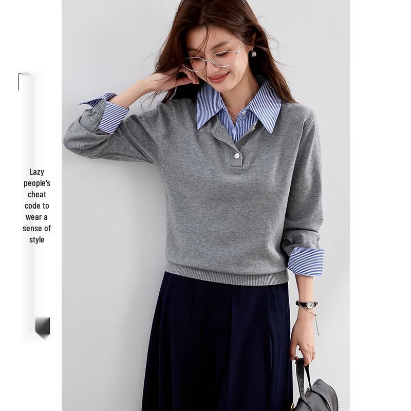 VICTORIA&VERA Andy Velvet 2.0 Faux Two-Piece Patchwork Knit Shirt