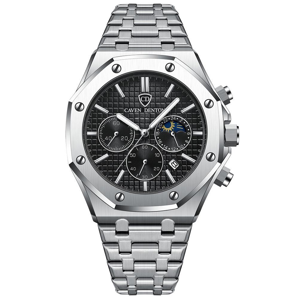 High-End Waterproof Multi-Function Men's Steel Belt Watch with Moon Phase Feature
