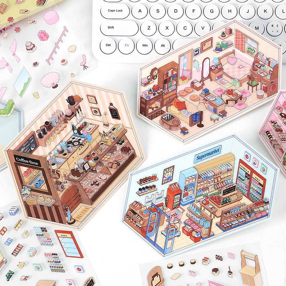 PaperMorePET Querformat Aufkleber: Cartoon-Miniaturhaus-Collage für Kinder