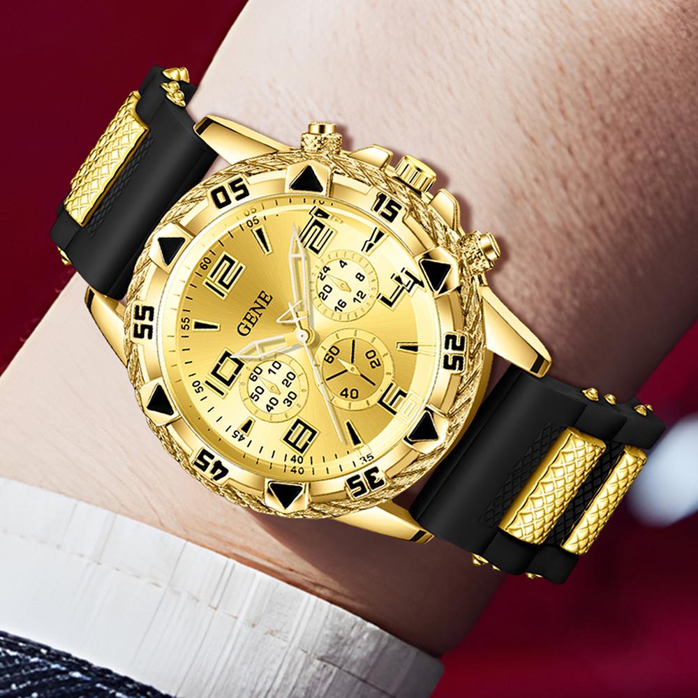 4PC Golden Men's Watch Set Fashionable and Versatile Quartz Watch Bracelet Necklace Ring Set Perfect Gift for Friends or Dad