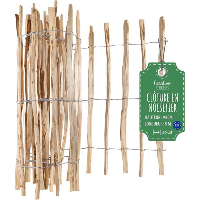Clôture De Jardin - CREATIVE HOME - Bois De Noisetier - Hauteur 90 Cm - Longueur 5 M - Espacement 3-5 Cm