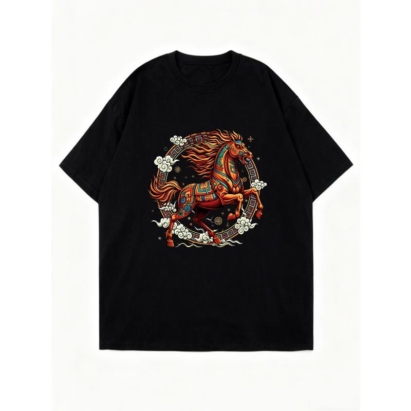 Oversized T Shirt Black Horse Pattern With Traditional Design For Casual Wear