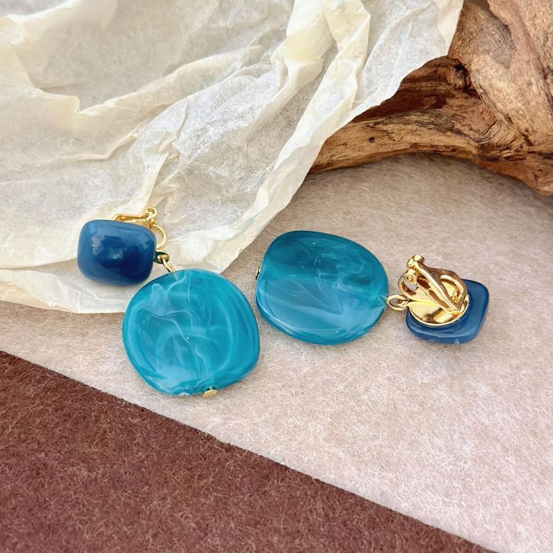 Blue Glazed Geometric Round Clip On Earrings No Piercing Needed Simple Contrast Texture Stylish Fashion Jewelry