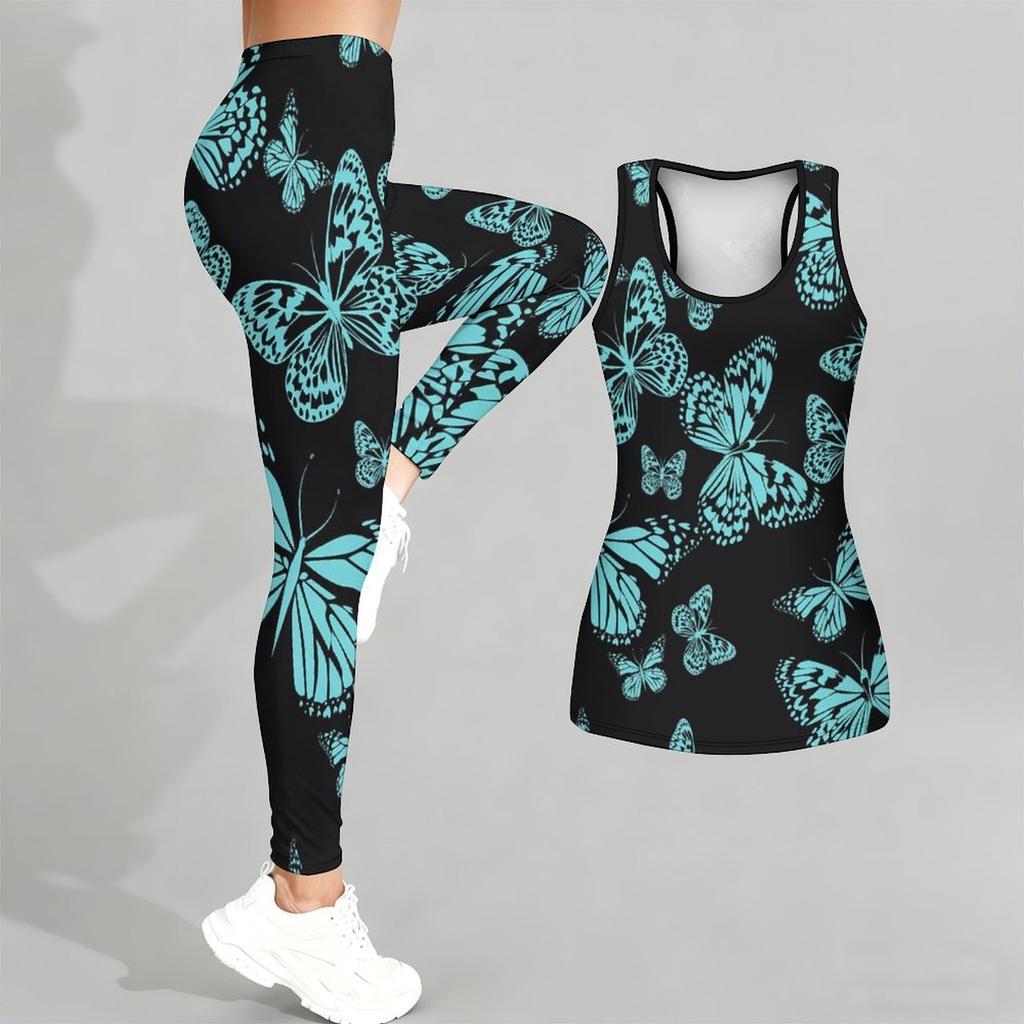 Butterfly Print Yoga Outfit for Women Fashion Workout Leggings Fitness Sports Casual Yoga Set Sports Suit
