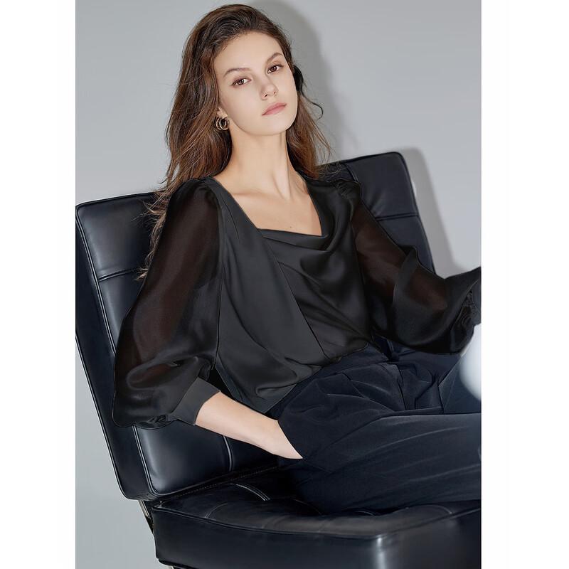 Demana French Pearl Sheen Cowl Neck Puff Sleeve Blouse L