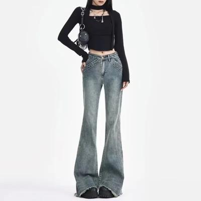 90s Vintage Design Sensibility Fringe Micro Y2k Flare Jeans Women Korean Fashion Spicy Girl Slimming Drag Trousers Retro Long Casual Pants Streetwear