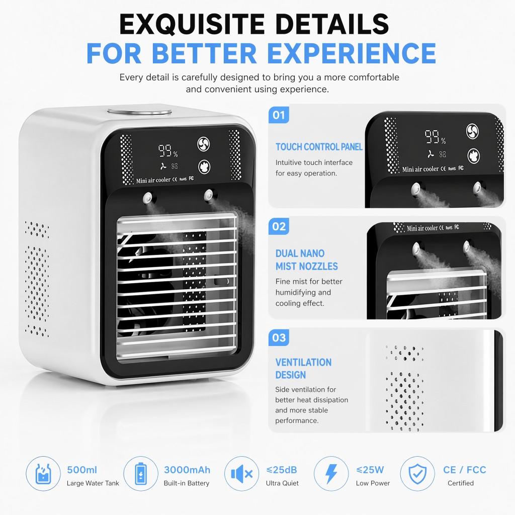 USB Charging Model Office Bedroom Chiller Air Conditioner Fan Desktop Humidifying Electric Fan Spray Portable Chiller Home Refrigeration Touch