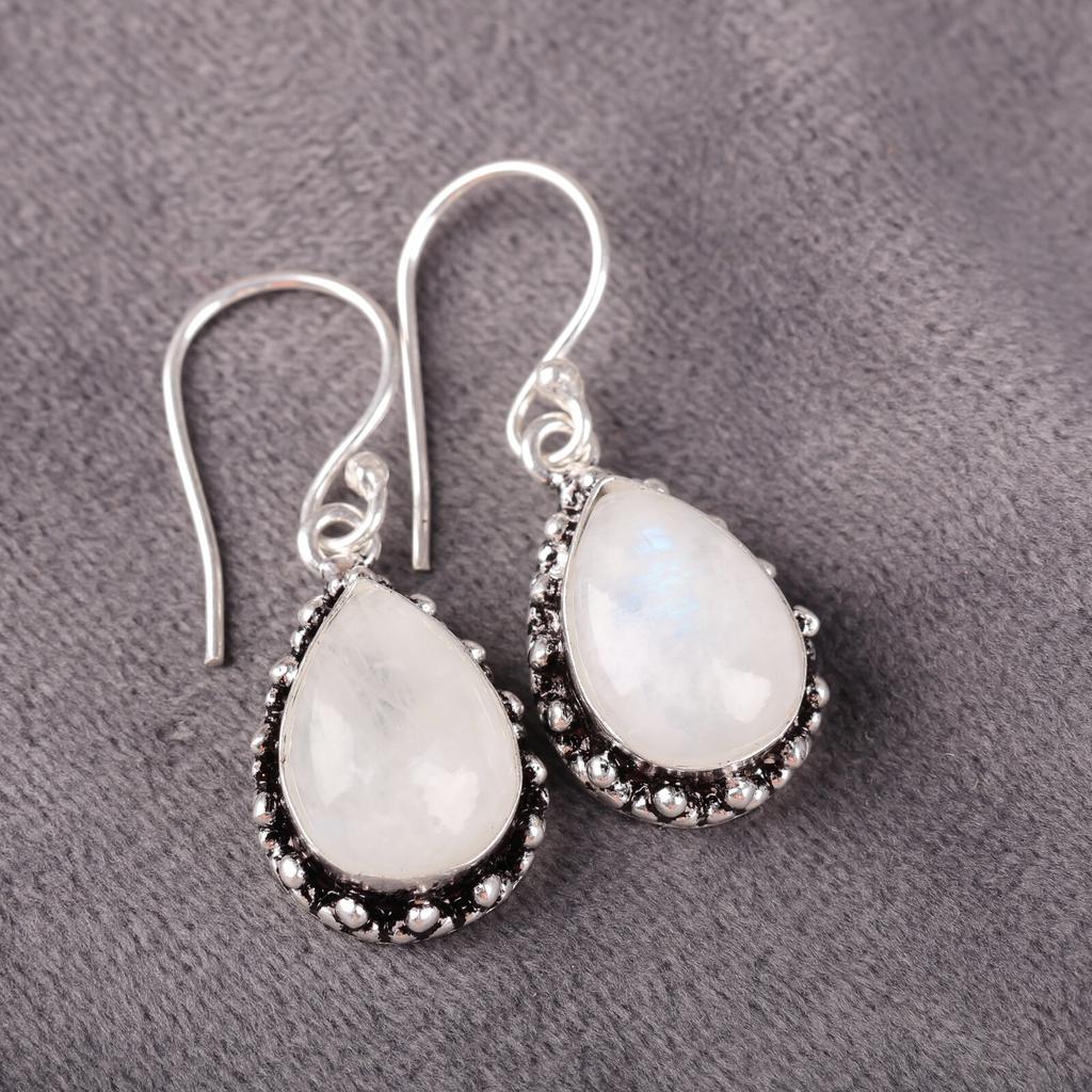 Natural Rainbow Moonstone Gemstone 925 Sterling Silver Jewelry Earrings 1.41" EE-97-31
