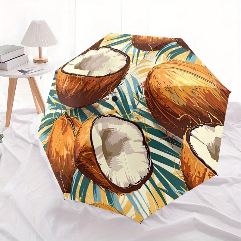 1pc Coconut Print Automatic Opening/Closing Folding Umbrella with 80 Ribs, Plastic Handle, Windproof Portable Sunshade Umbrella Halloween an