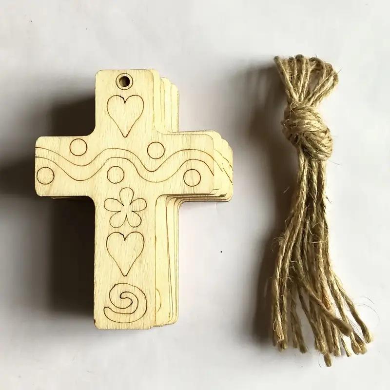 Wooden Cross Pendant with Engraved Patterns and Natural Twine Cord Handmade Wooden Cross Charm for Crafting and Decoration