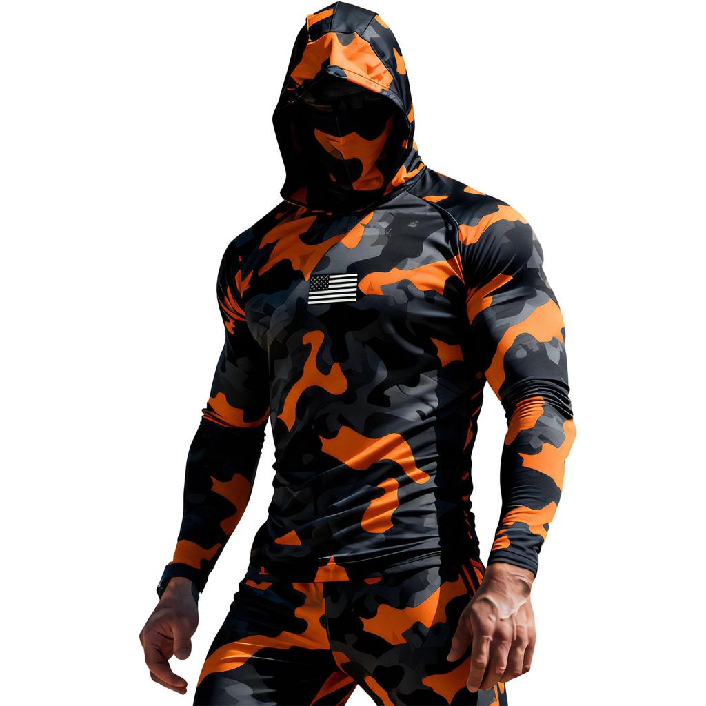 Men’s Long Sleeve Hooded Shirt with Face Covering Lightweight Stretch Fabric Pullover for Outdoor Activities UV Protection