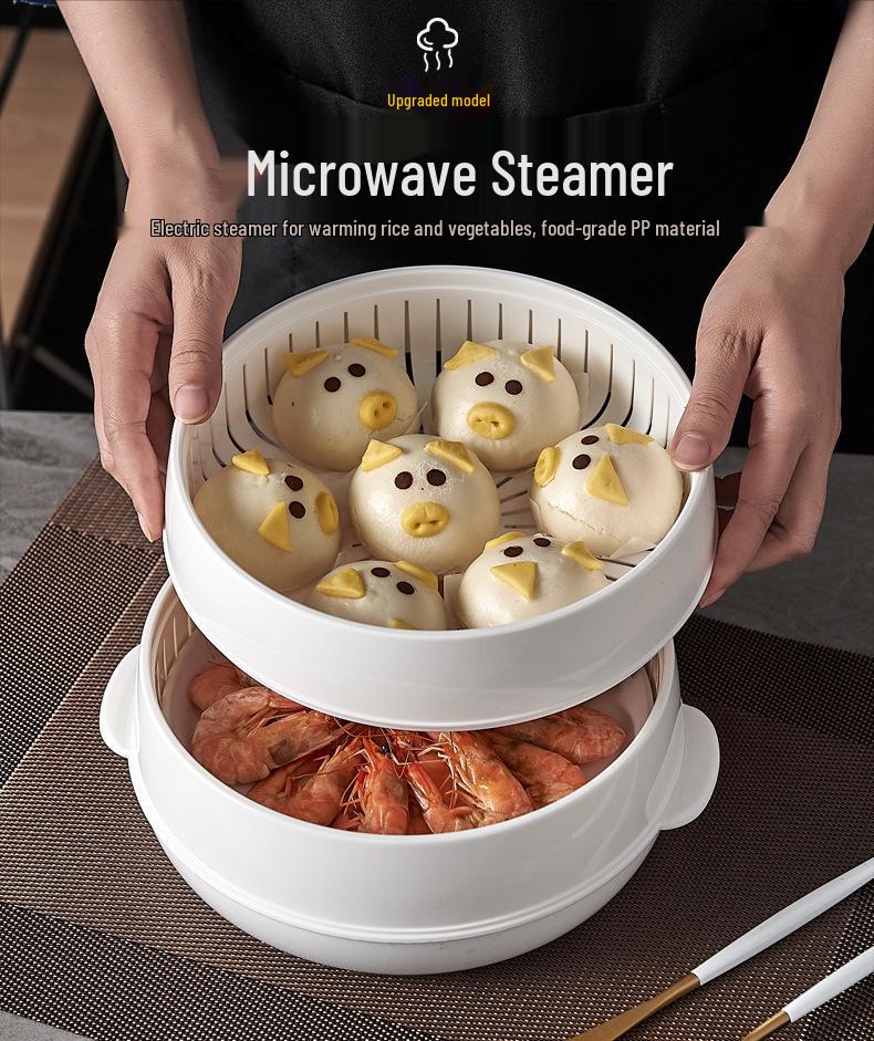 Dual-Layer Microwave Steamer: Food-Grade Water-Add Container with Thickened Tray & Grid