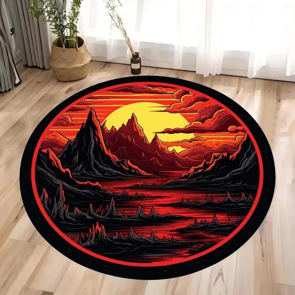 

Retro Evening Landscape Round Rug – Waves Print Anti-Slip Floor Mat for Living Room Bedroom Sofa Area Diameter 60cm