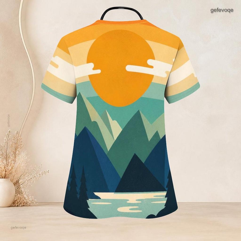 Women Plus Size Nurse Scrub Top V Neck Short Sleeve Cartoon Avocado Printed White With Front Pockets