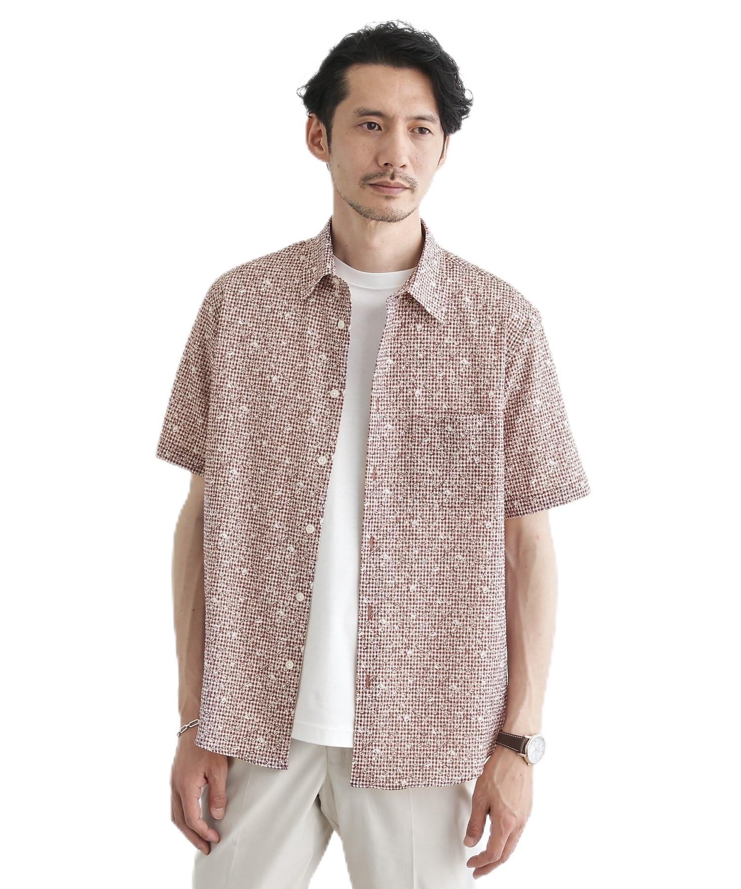 

Takeo Kikuchi Men s Ripple Casual Shirt (Solid, Check, Botanical Pattern) 07081511, Red (261) 04 (LL)