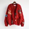 Gestrickte Jacke Locker V-Ausschnitt Langarm Tasche Besticktes Buchstabenmuster Damen Herbst Winter Pullover