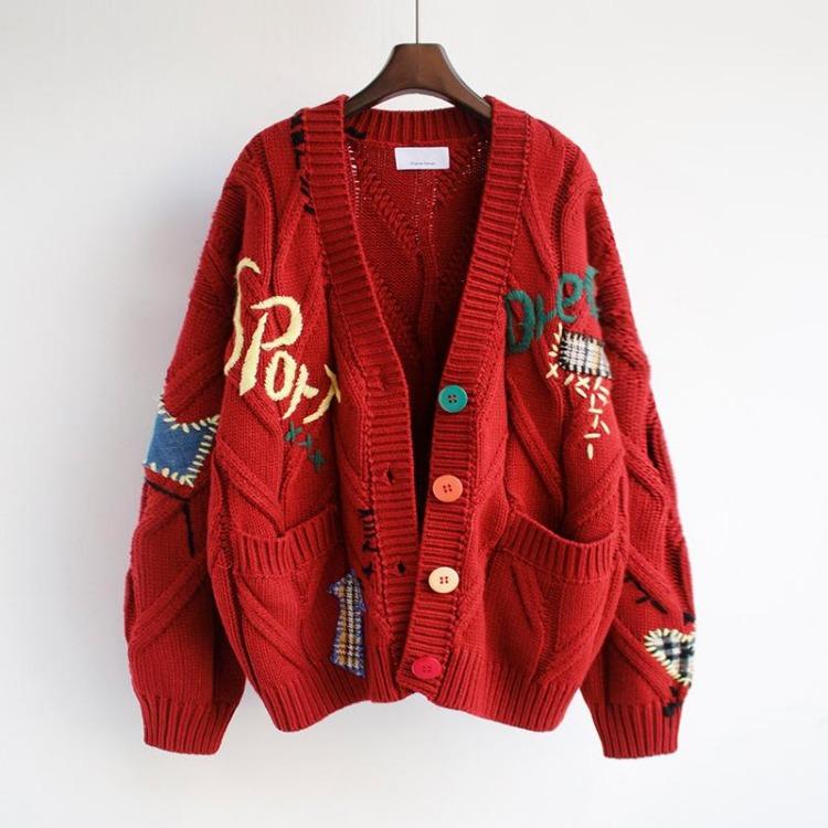 Gestrickte Jacke Locker V-Ausschnitt Langarm Tasche Besticktes Buchstabenmuster Damen Herbst Winter Pullover