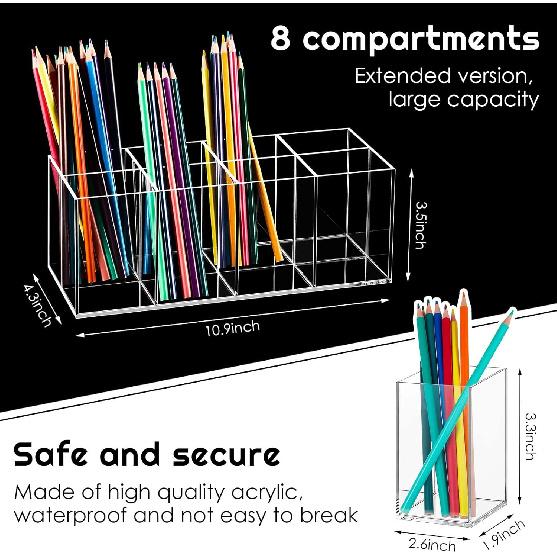 Yulejo 8 Slot Clear Acrylic Pen Holder Makeup Brushes Organizer Holder Eyebrow Pen Container Bathroom Storage Square Cube Deep Organizer Countertop