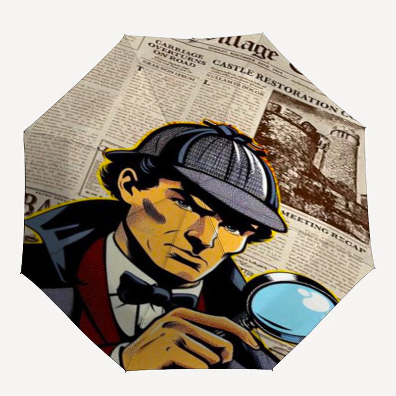 Sherlock Holmes Thema Automatischer Regenschirm, Leicht & Tragbar, 8 Speichen, Perfekt für Reisen im Freien, Geburtstage, Weihnachten, Geschenke.