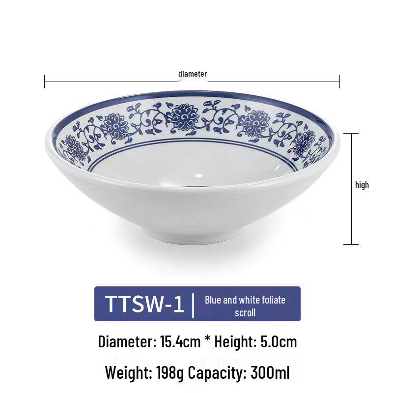 Blue & White Melamine Porcelain-Style Large Noodle Soup Bowl