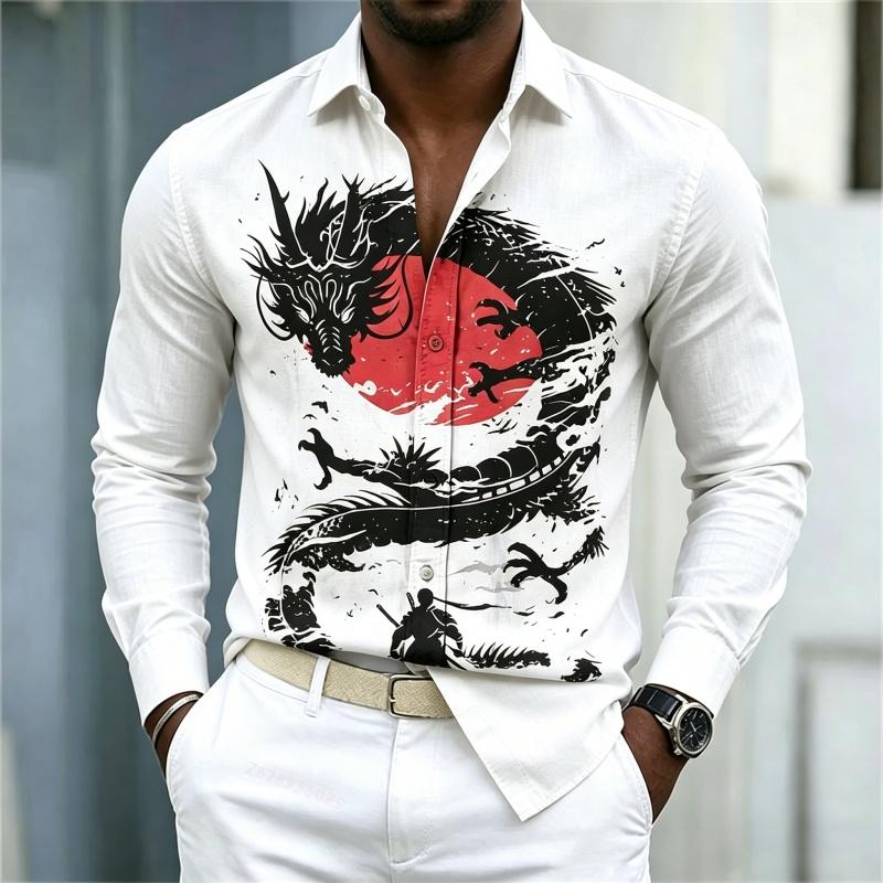 2026 New Men's Shirt White Black Red Contrast Dragon Pattern Shirt Street Style Fashion Casual Business Long Sleeve Men's Wear