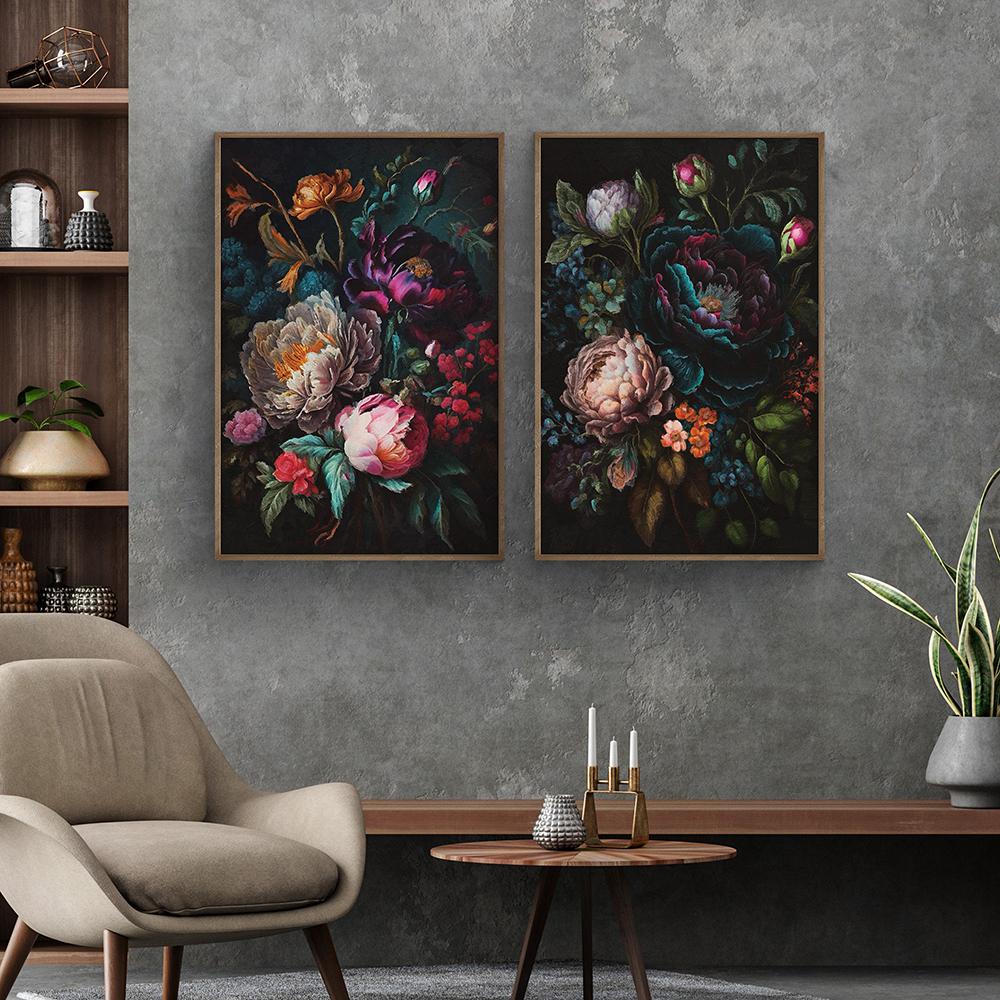 Light Dark Floral Vintage Oil Painting on Canvas Poster Still Life Botanical Floral Fauna Print Gallery Wall Art Picture Decor
