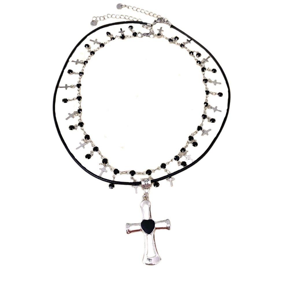 Heart Cross Pendant Choker Necklace Gothic Double Layer Necklace Rhinestone Necklace  Girls