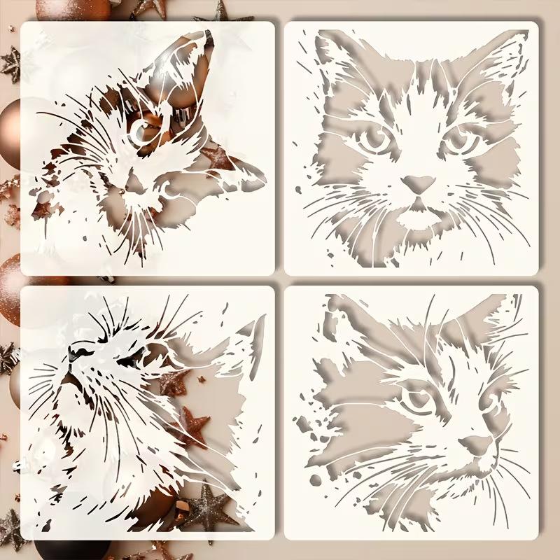 4-Piece Set of Cat Painting Stencils, Reusable Hollow-Out DIY Molds with Cute Kitten Patterns, Suitable for Creative Crafts Such As Wooden Signs