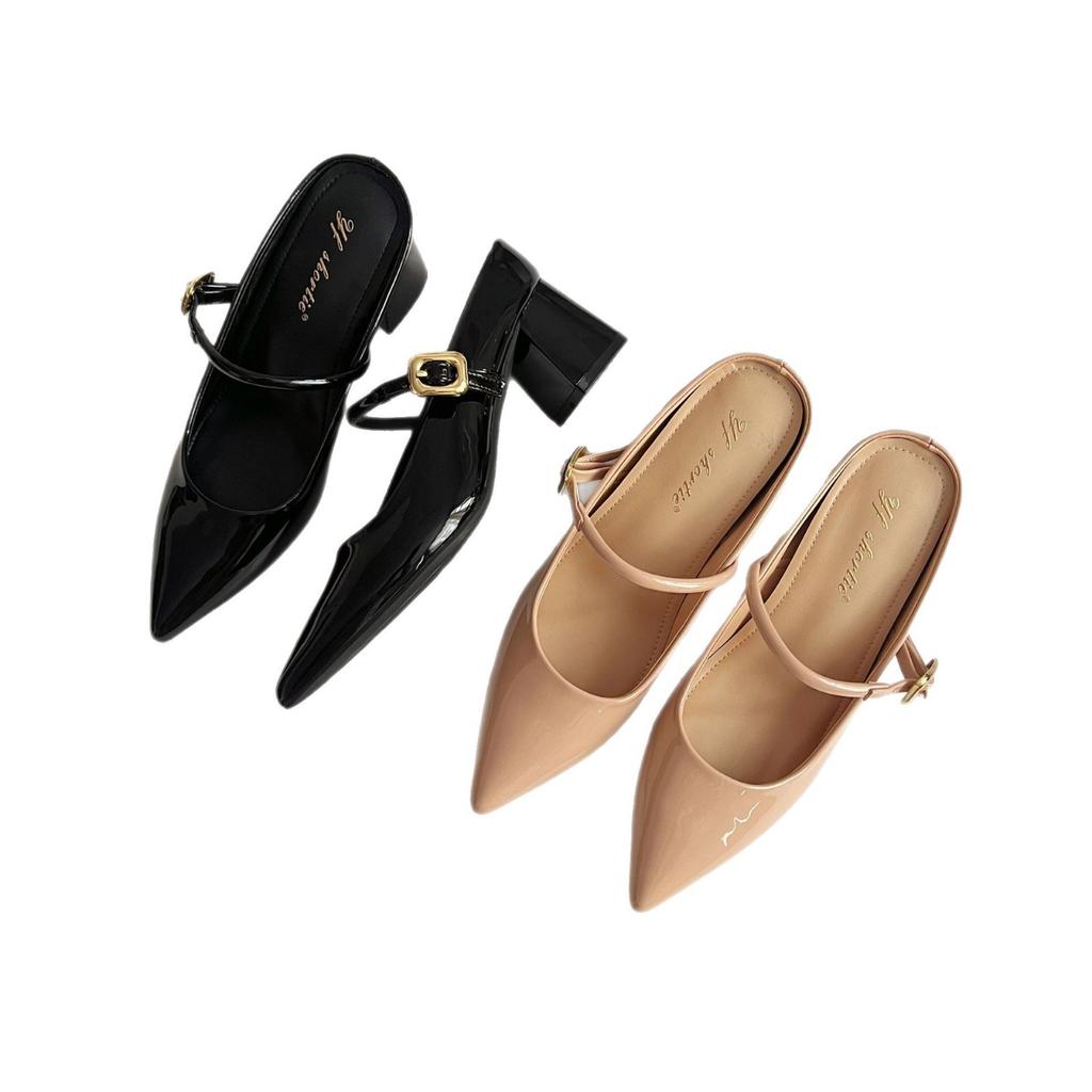 Height increase 8cm metal word with thick heel bag head slippers women's 2025 spring new French patent leather Mary Jane sandals