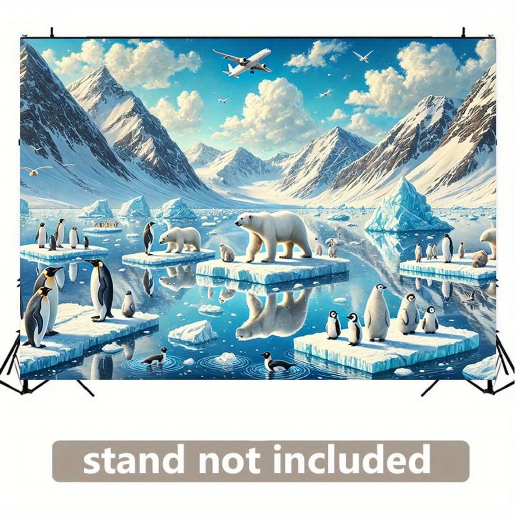 2D Plane, Polar Bears and Penguins In the Snowy and Icy Landscape, Snow Mountains and Icebergs, Polyester Fibers