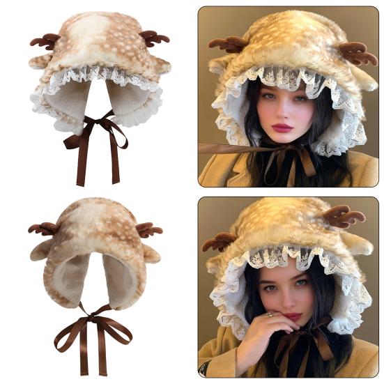 Deer Design Winter Hat Plush Ears Women Furry Animal Hat Cold Days Skiing Snowboarding Windproof Ear Protection Warm Hat