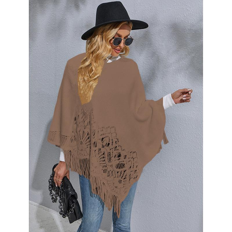 New Casual Women Shawl Fashionable Poncho Cotton Knitted Sweater Hollow Tassel Plus Size Pullover Woman