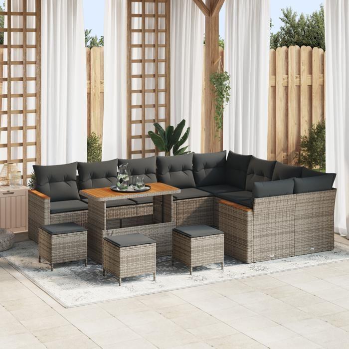 Ensemble de Canapé de Jardin 13 pièces avec Coussins Grises en Rattan Poly et Acacia, Ensemble de Salle à Manger de Jardin 4 3365043